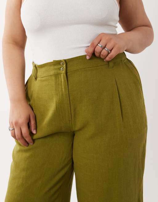 ASOS DESIGN Curve - Pantaloni comodi dritti verdi in misto lino, 3 di 5