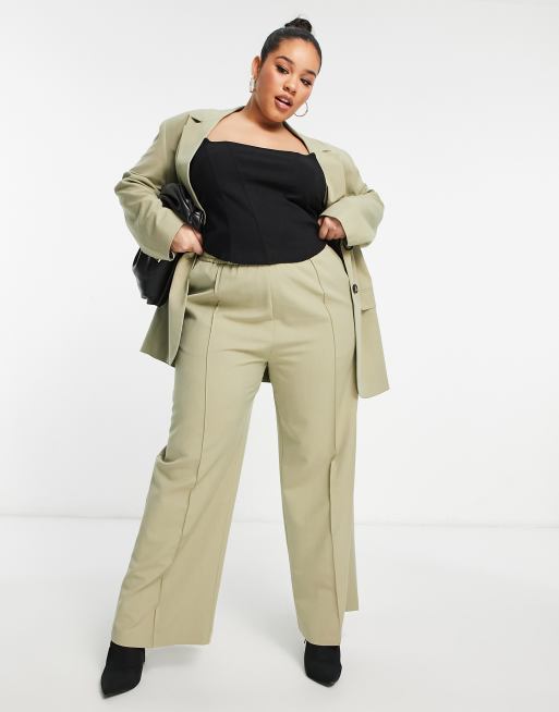 ASOS DESIGN Curve - Pantaloni da abito con vita elasticizzata, colore salvia
