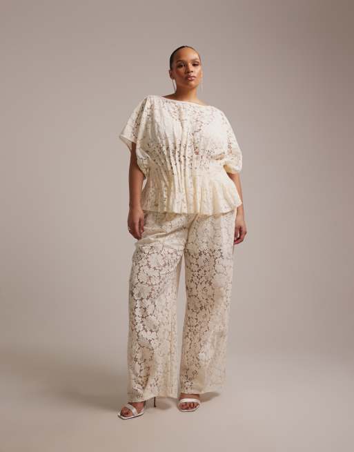 ASOS DESIGN Curve - Pantaloni da sposa in pizzo color avorio