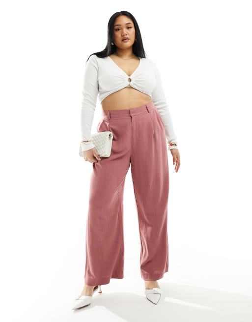 ASOS DESIGN Curve - Pantaloni dad fit a fondo ampio in misto lino color terracotta 