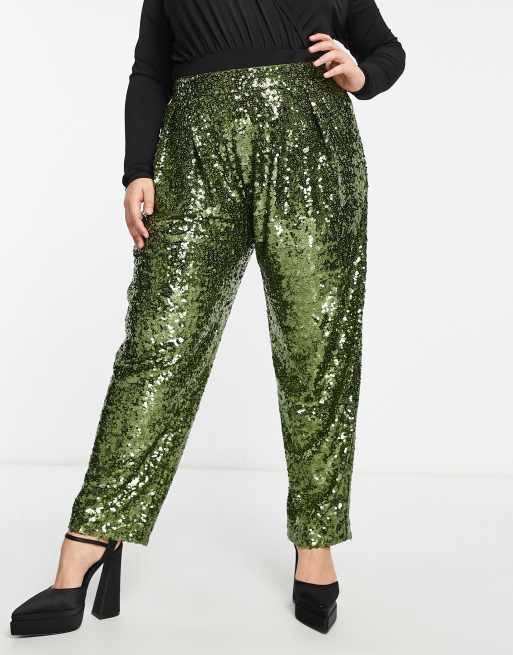 ASOS DESIGN Curve - Pantaloni larghi con paillettes kaki, 2 di 4