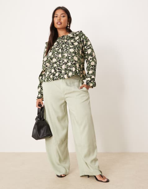 ASOS DESIGN Curve - Pantaloni morbidi color salvia con gamba a cilindro e cuciture a vista - view 1