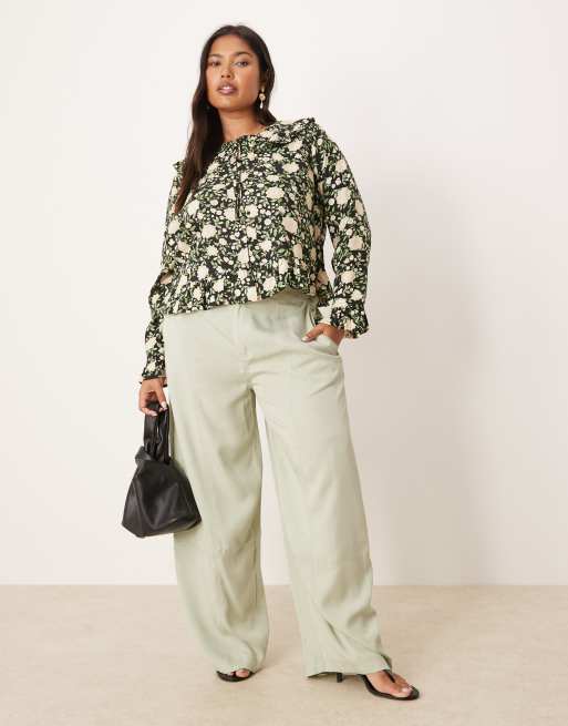 ASOS DESIGN Curve - Pantaloni morbidi color salvia con gamba a cilindro e cuciture a vista