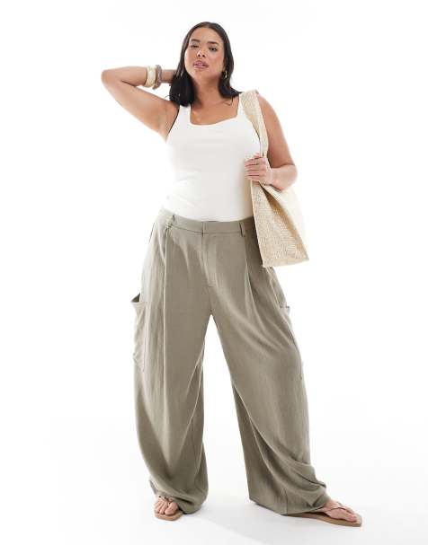 ASOS DESIGN Curve - Pantaloni multitasche a cilindro verde oliva in misto lino - view 1