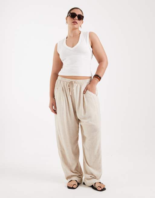ASOS DESIGN Curve - Pantaloni multitasche in twill di lino colore naturale