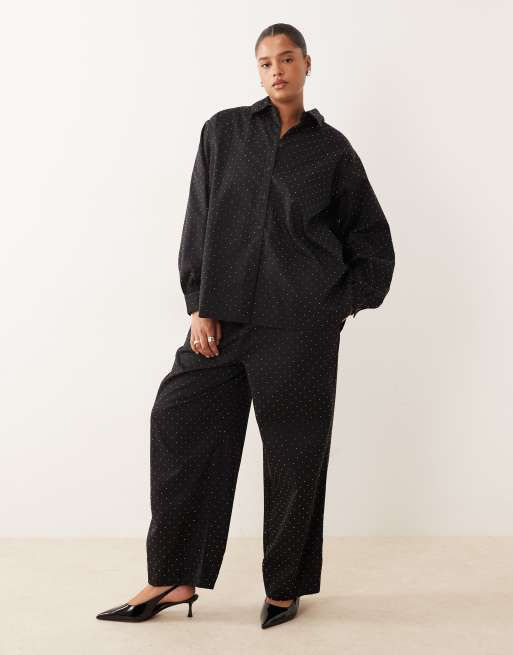 ASOS DESIGN Curve - Pantaloni neri con dettagli applicati a caldo in coordinato 