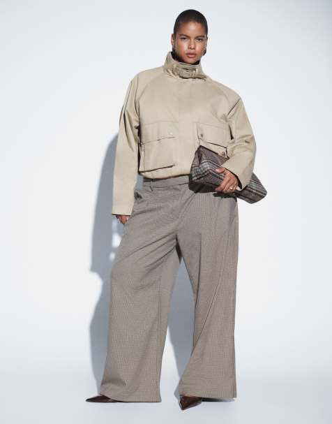 ASOS DESIGN Curve pantaloni sartoriali a vita bassa morbidi con motivo pied de poule beige - view 1