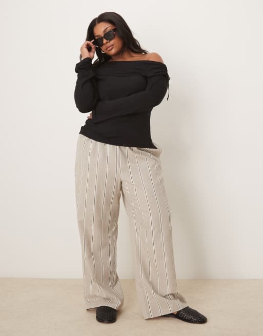 ASOS DESIGN Curve - Pantaloni sartoriali allacciati in vita effetto lino color tortora a righe