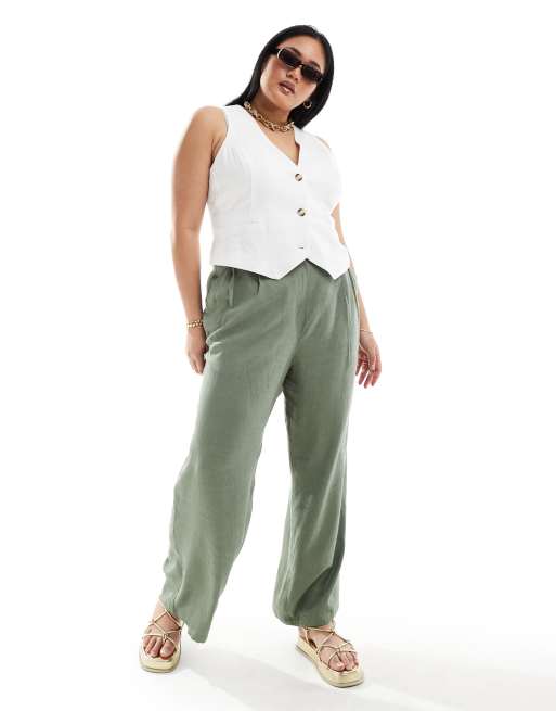 ASOS DESIGN Curve - Pantaloni sartoriali ampi a vita alta verde kaki in lino con cuciture