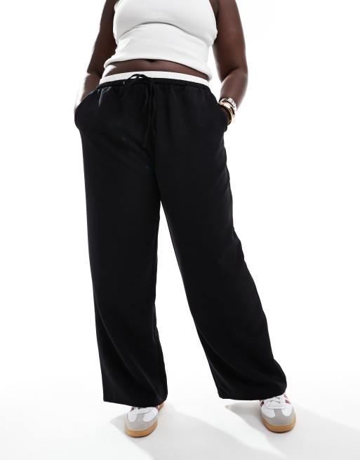 ASOS DESIGN Curve - Pantaloni sartoriali ampi neri con fascia in vita a contrasto