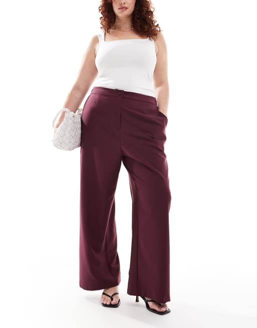 ASOS DESIGN Curve - Pantaloni sartoriali comodi a fondo ampio bordeaux