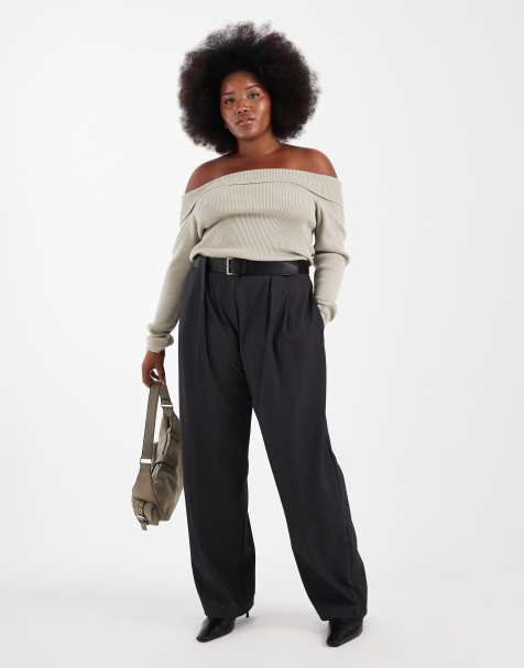 ASOS DESIGN Curve - Pantaloni sartoriali dritti a vita alta con cintura grigio mélange - view 1