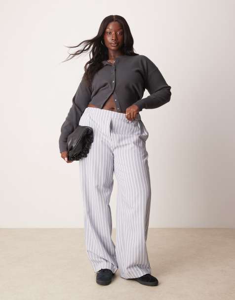 ASOS DESIGN Curve - Pantaloni sartoriali dritti blu a righe bianche - view 1