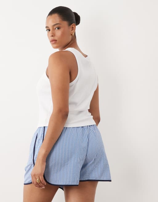 ASOS DESIGN Curve - Pantaloni stropicciati blu a righe con profili a contrasto e laccetti, 4 di 5