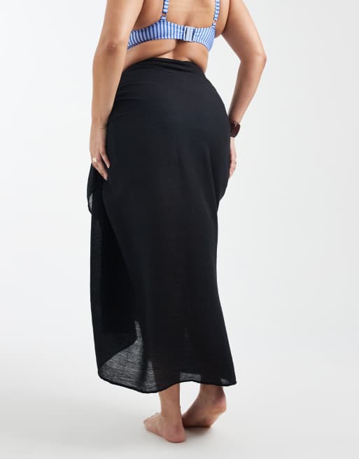 ASOS DESIGN Curve - Paréo de plage long en coton froissé - Noir, 4 de 4