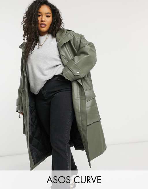 ASOS DESIGN Curve - Parka oversize imitation cuir avec doublure matelassée - Kaki