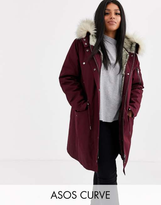 ASOS DESIGN Curve parka with detachable faux fur liner in oxblood