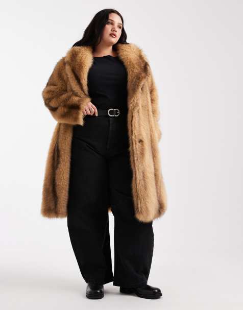 ASOS DESIGN Curve – Płaszcz midi ze sztucznego futra w pomarańczowe paski - view 1