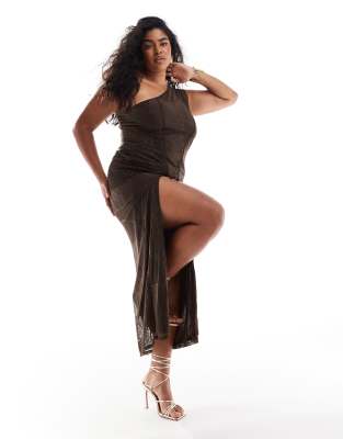 ASOS DESIGN Curve patchwork lace one shoulder maxi dress in chocolate-Brown