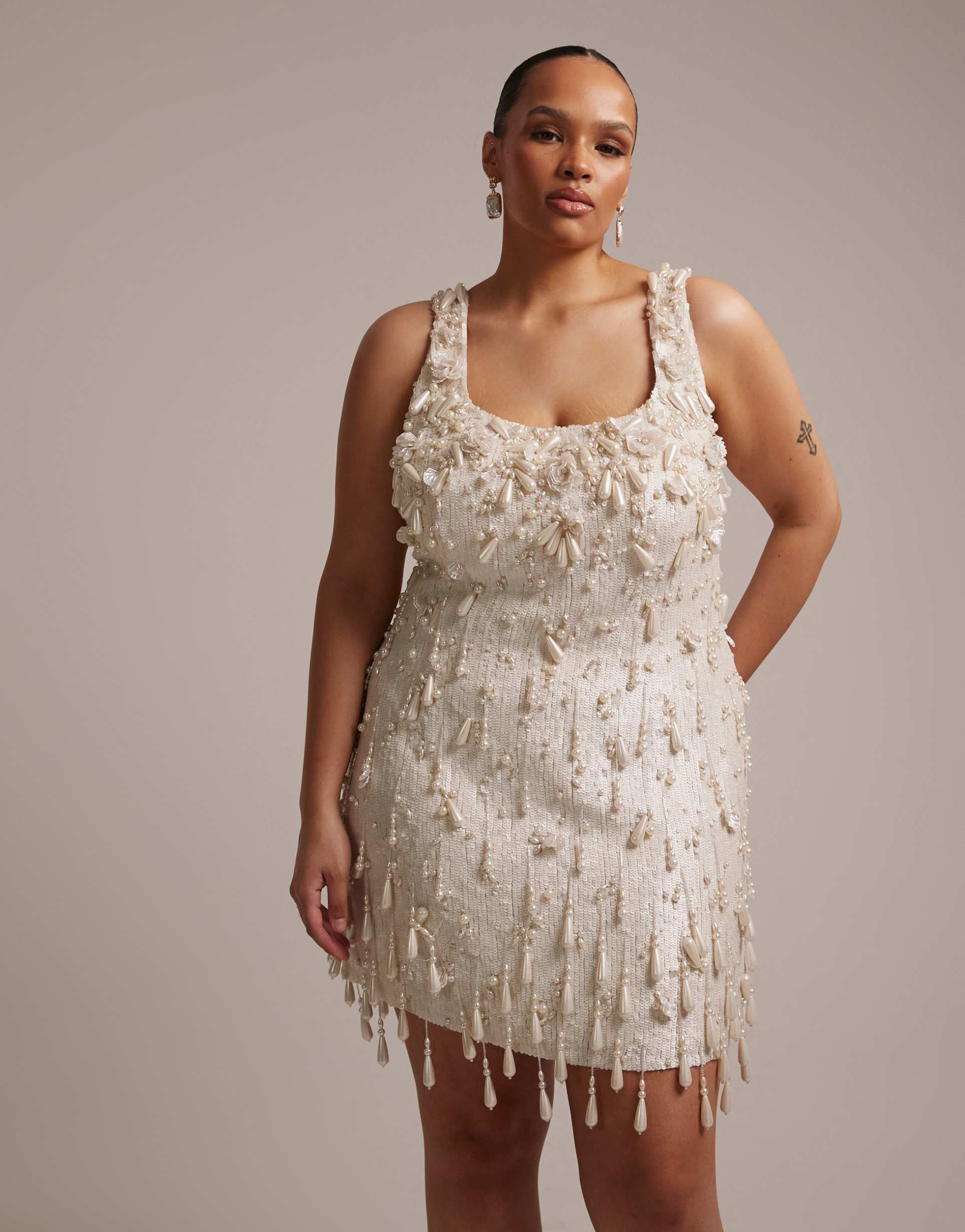 asos design curve pearl all over embellished mini dress in ivory