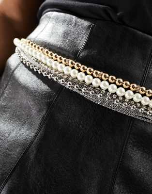 Asos Design Pearl And Chain Waist And Hip Belt-gold In Gold