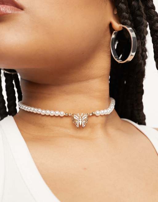 Chain choker necklace with rhinestone butterfly - Accessories - Women