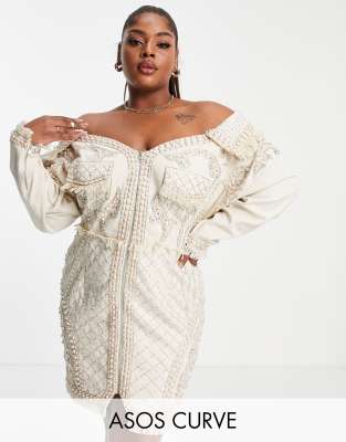 ASOS DESIGN Curve pearl embellished oversized denim off shoulder tux dress-White