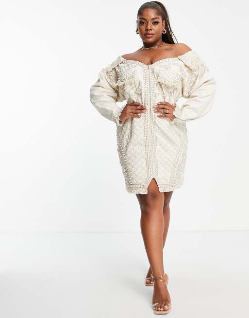 ASOS DESIGN Curve pearl embellished oversized denim off the shoulder tux dress