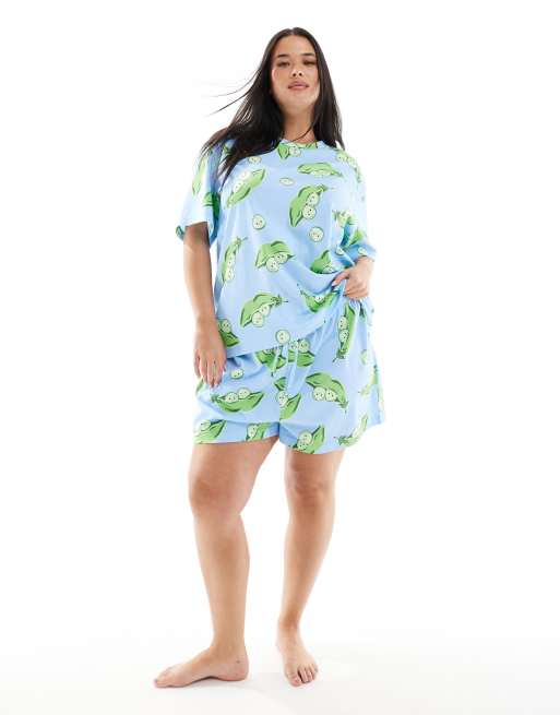 ASOS DESIGN Curve peas in a pod oversized tee & short pyjama set in blue, 4 of 4