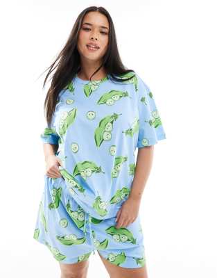 ASOS DESIGN Curve - Peas in a Pod - Pyjamaset in Blau mit Oversize-T-Shirt und Shorts