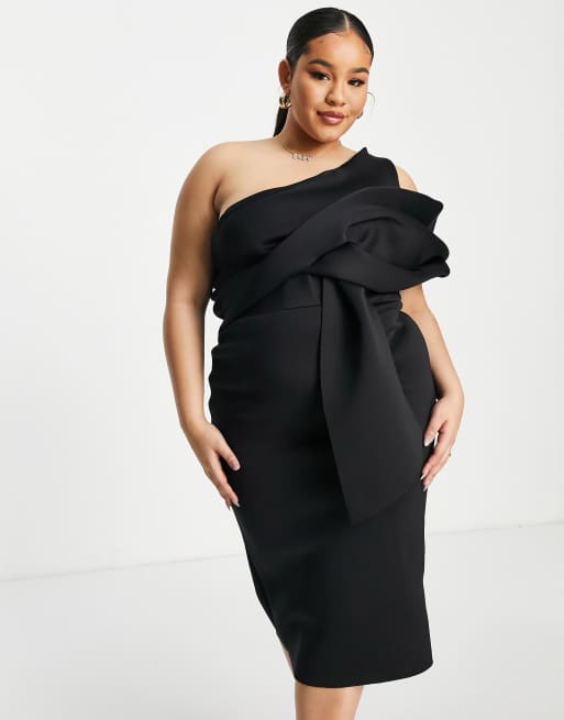 ASOS DESIGN Curve peekaboo shoulder tuck midi pencil dress in black, 2 of 4