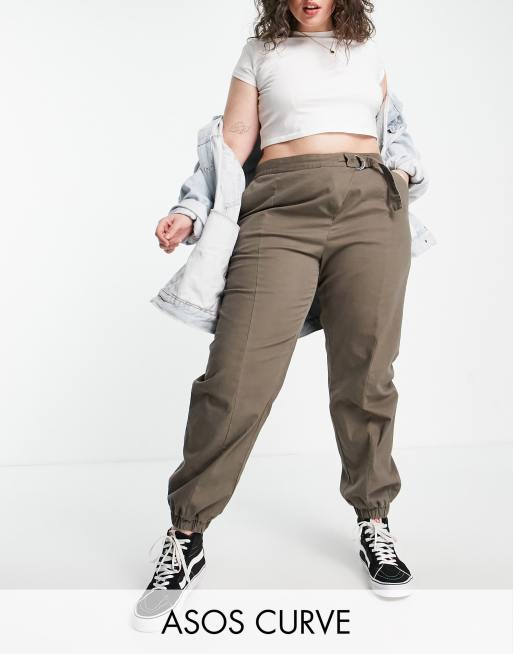 Topshop Curve high waist peg pants in khaki