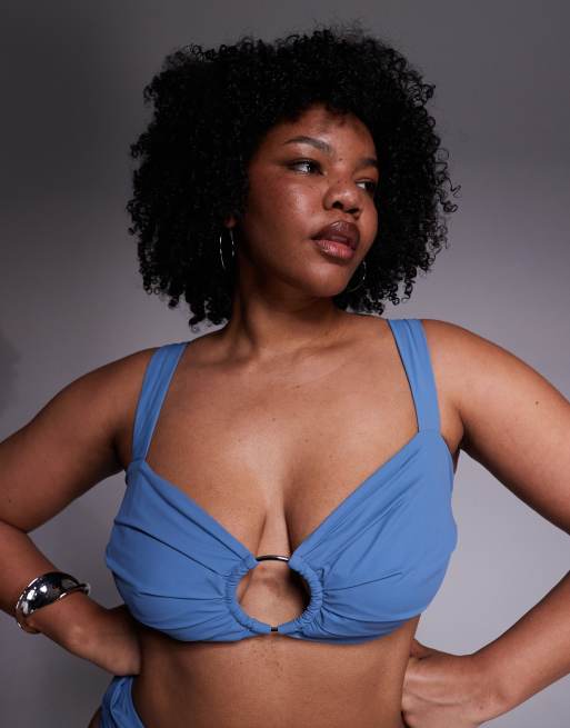 ASOS DESIGN Curve - Penelope - Skiferblå cropped bikinitop med plisseringer og ringdetalje, 4 af 4