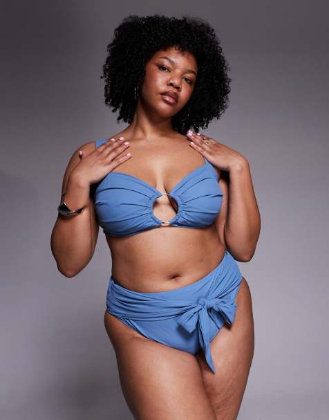 ASOS DESIGN Curve - Penelope - Skiferblå højtaljede bikinitrusser med bindebånd foran og plisseringer - view 1