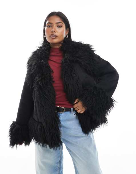 ASOS DESIGN Curve penny lane faux fur trim coat in black - view 1