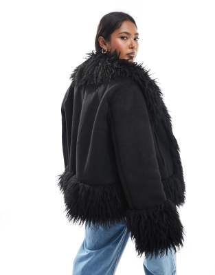 Asos Curve Asos Design Curve Penny Lane Faux Fur Trim Coat In Black