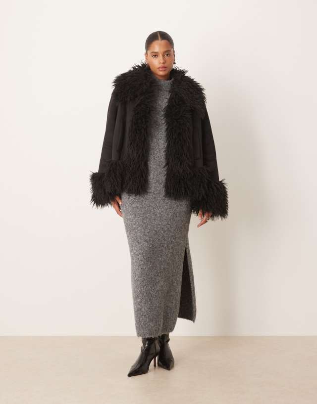 ASOS DESIGN Curve penny lane faux fur trim coat in black | ASOS