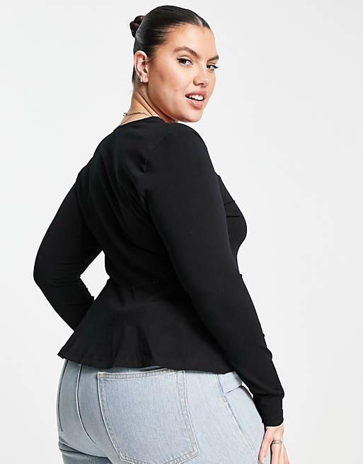 Women Curve peplum long sleeve top in black 