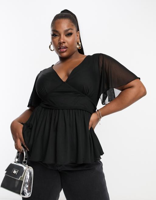 ASOS DESIGN Curve peplum mesh short sleeve top in black