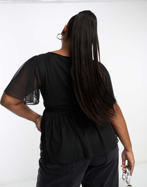 ASOS DESIGN Curve - Peplum top van mesh met korte mouwen in zwart, 2 van 4