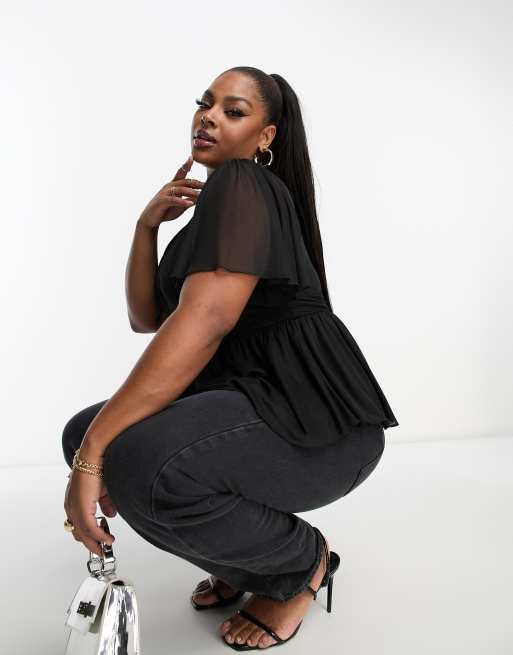 ASOS DESIGN Curve - Peplum top van mesh met korte mouwen in zwart, 3 van 4