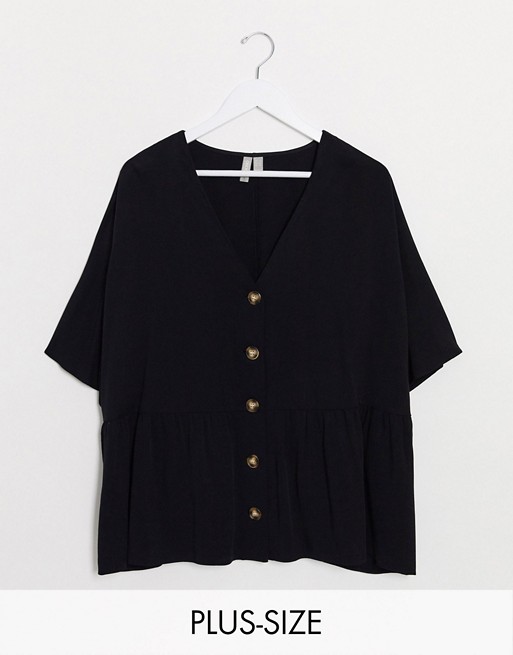 ASOS DESIGN Curve peplum top with contrast buttons in black
