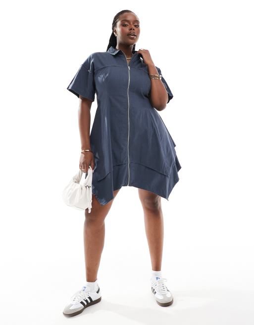 ASOS DESIGN Curve - Petroleumsblå minikjole med lag-på-lag-tørklædedesign, lynlås og rå kanter