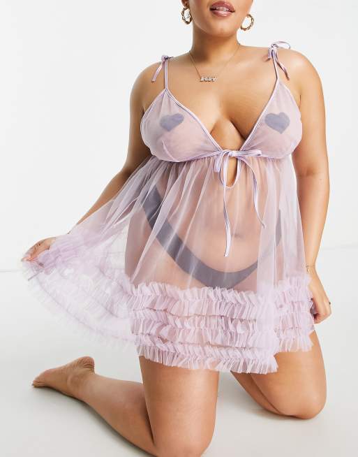 ASOS DESIGN Curve – Phoebe – Babydoll-Nachthemd in Flieder mit Rüschen, 3 von 4