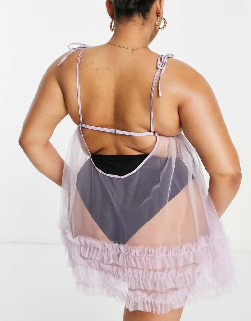 ASOS DESIGN Curve Phoebe frill babydoll in lilac, 2 of 4