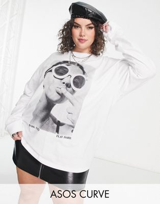 ASOS DESIGN Curve photographic long sleeve tee in white