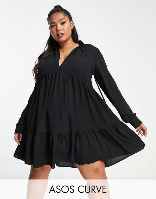 ASOS DESIGN Curve pie crust neckline smock mini dress in black ASOS