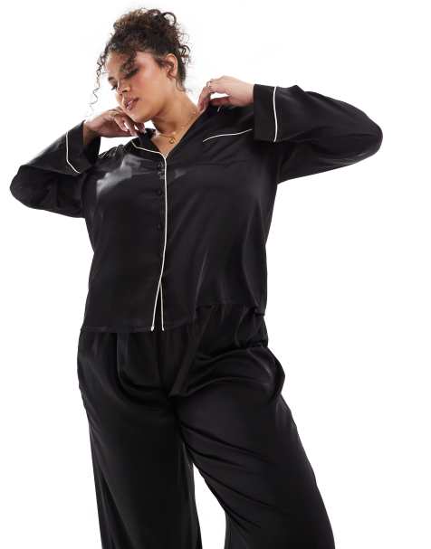 ASOS DESIGN Curve - Pigiama con camicia a maniche lunghe e pantaloni in raso nero - view 1