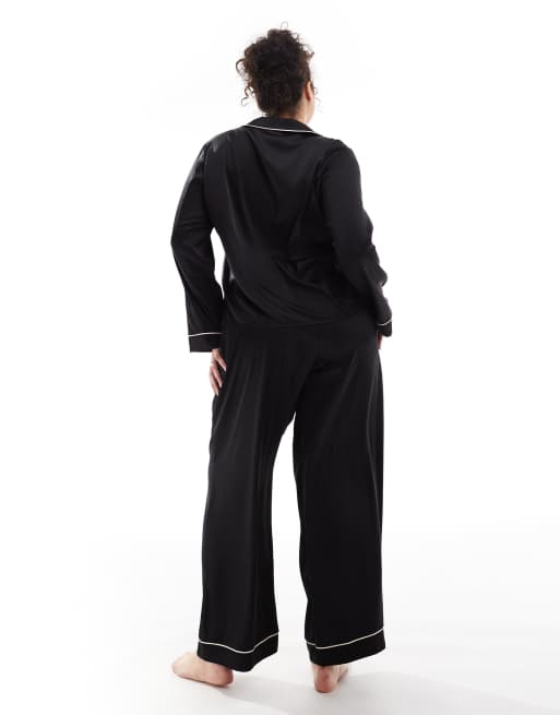 ASOS DESIGN Curve - Pigiama con camicia a maniche lunghe e pantaloni in raso nero, 3 di 4