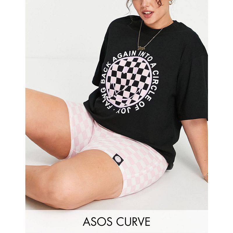 Pigiami Donna DESIGN Curve - Pigiama con T-shirt con faccina sorridente e pantaloncini a quadri nero e rosa